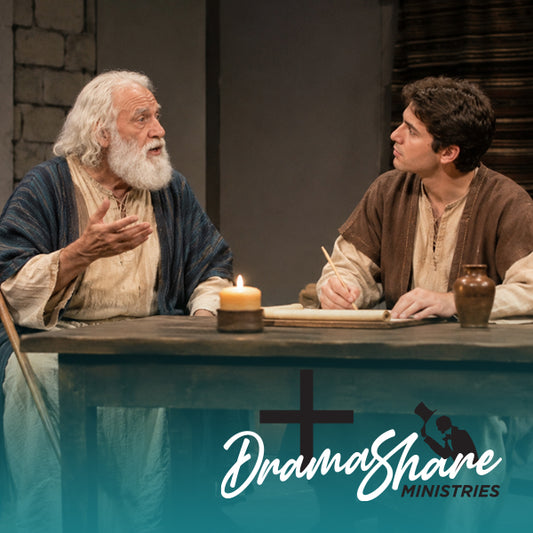 A theatrical scene showing two actors in ancient-style robes seated at a table with a candle, papers, and a small vase, with a teal banner reading 'DramaShare Ministries' across the bottom.