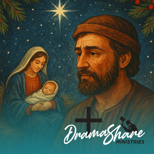 Painting of a nativity scene with Mary, Joseph, and baby Jesus, featuring DramaShare Ministries logo.
