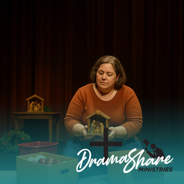 Woman holding a nativity scene with 'Drama Share Ministries' logo.