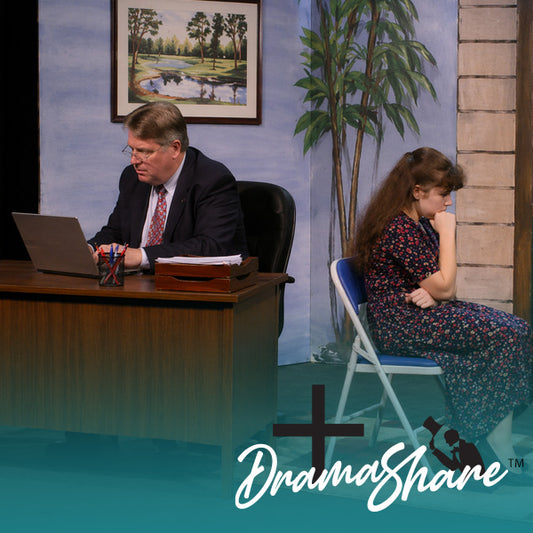Man and woman in a staged setting with 'Drama Share' logo.