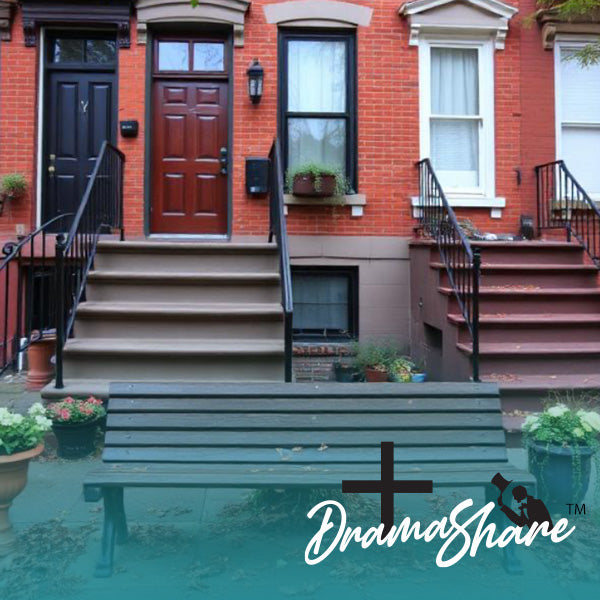 A classic red brick townhouse frontage with two staircases, a dark green wooden bench in the foreground, and a prominent 'DramaShare' logo watermark at the bottom right.