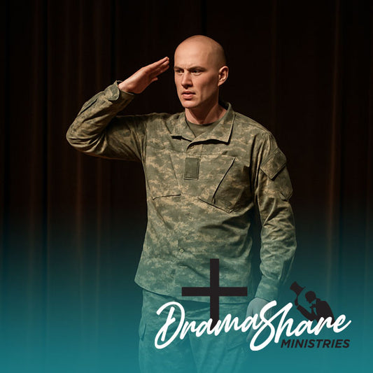 Person in military uniform saluting with 'Drama Share Ministries' logo in the corner.