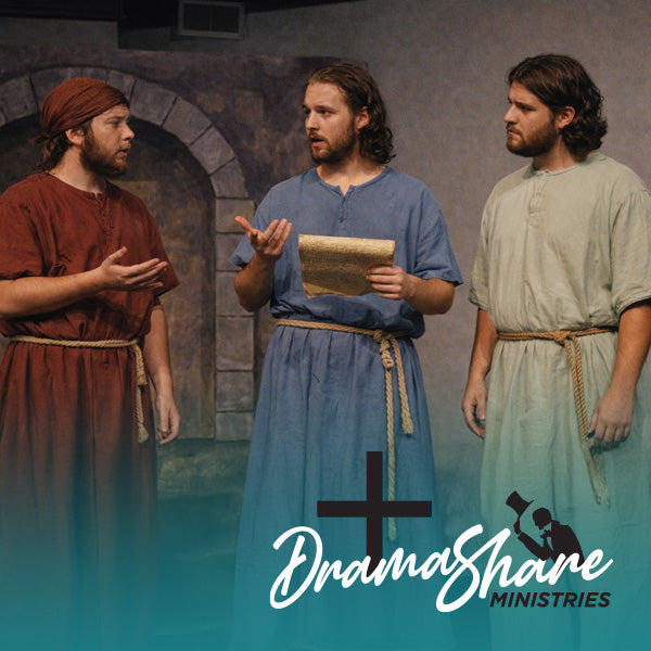 Three men in historical costumes standing in a stone archway with 'Drama Share Ministries' logo.