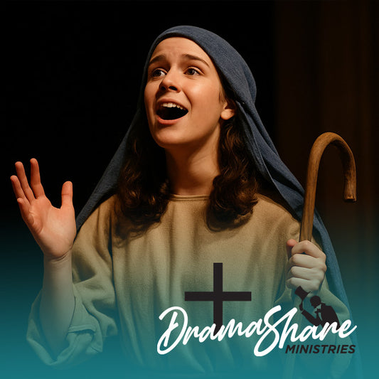 Young actress portraying a shepherdess on stage, passionately delivering a monologue