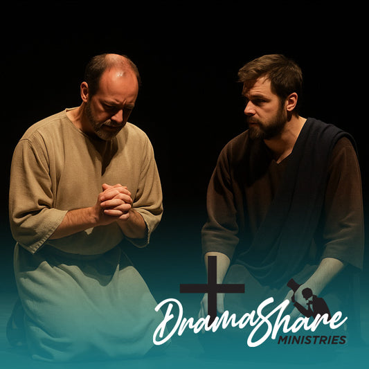 Two men in robes with a cross and 'Drama Share Ministries' logo on a dark background