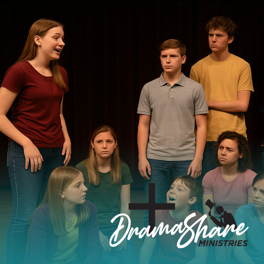 Group of young people in front of a black background with 'Drama Share Ministries' logo.