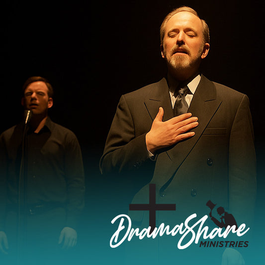 Man in suit with hand over heart, with Drama Share Ministries logo.