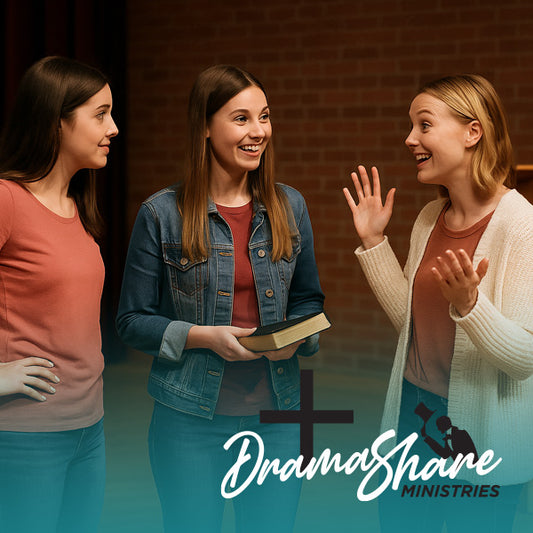 Three women engaged in a conversation with 'DramaShare Ministries' logo.