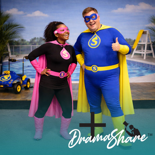 Two people in superhero costumes standing by a pool, with 'DramaShake' branding.
