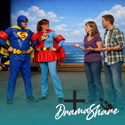 Two people in superhero costumes interacting with two other people on a stage with a scenic backdrop.