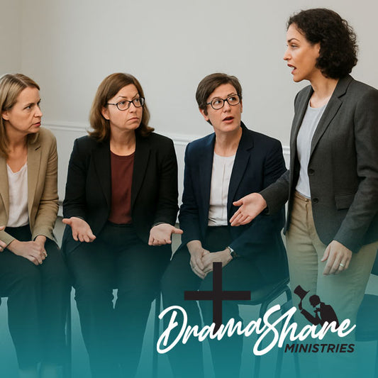 Four women in a discussion with 'Drama Share Ministries' logo.