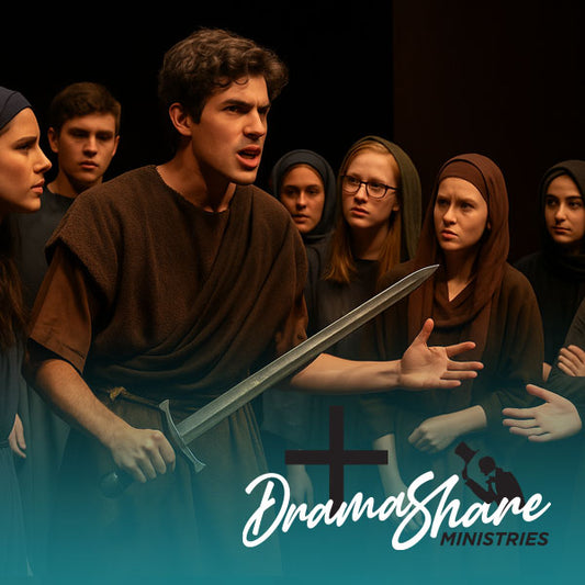 Young actors in biblical costumes surround a defiant youth holding a sword on stage, portraying a dramatic scene from ancient Israel.