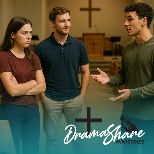 Three people in a discussion with 'Drama Share Ministries' logo in the background