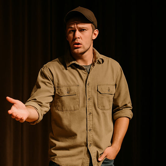 Man wearing a brown shirt and cap against a dark background