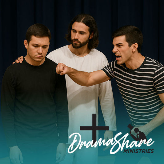 Three men in a dramatic pose with 'Drama Share Ministries' logo.