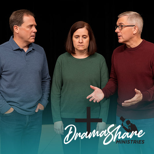 Three people standing together with 'Drama Share Ministries' logo below.