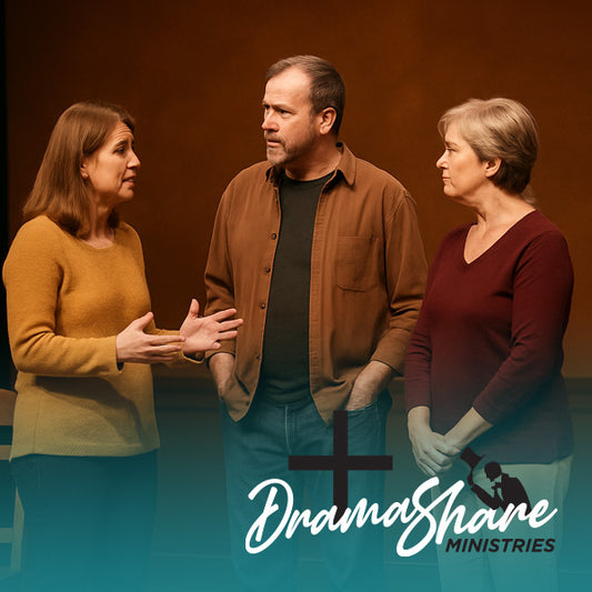 Three people in a dramatic pose with 'Drama Share Ministries' logo.
