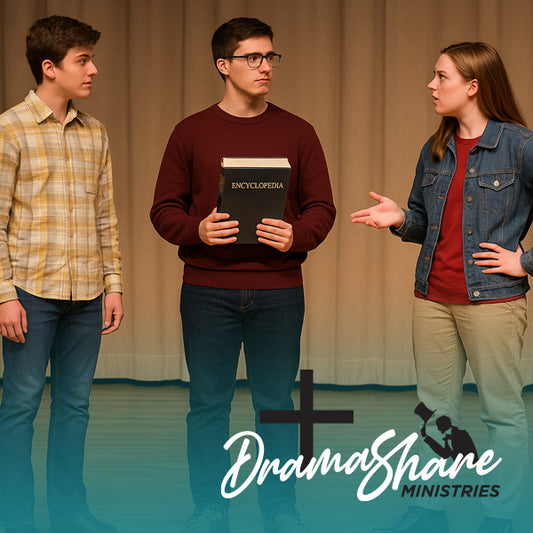 Three people on a stage with 'Drama Share Ministries' logo