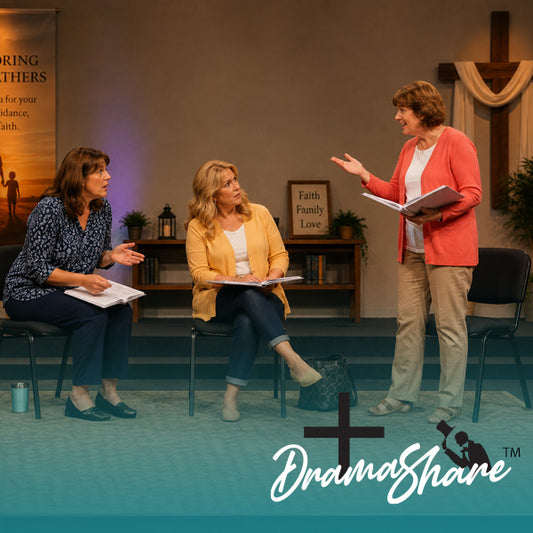 Three women on a simple church stage portraying biblical women in a reflective Father’s Day drama presentation.