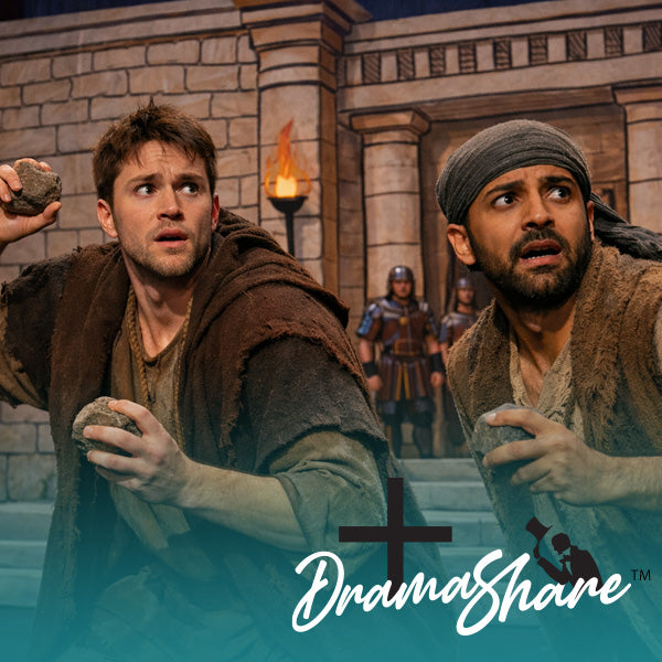 Two men in biblical attire with 'Drama Share' logo in the background