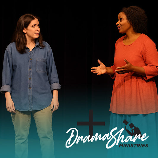 Two women are engaged in a conversation on a stage with 'Drama Share Ministries' branding.