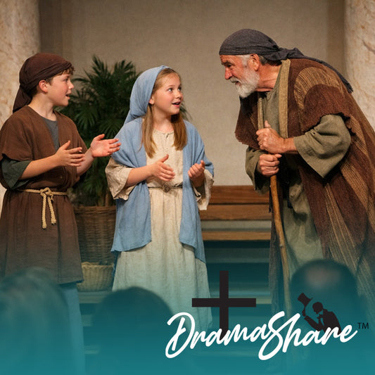 Three people in historical costumes with 'Drama Share' logo