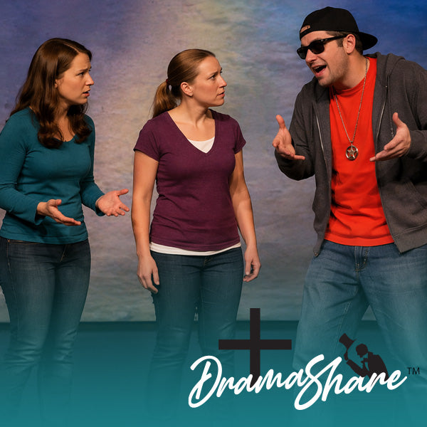 Three people on a stage with 'Drama Share' logo