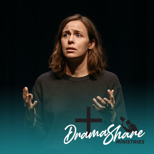 Woman with a concerned expression, hands raised, against a black background with Drama Share Ministries logo.